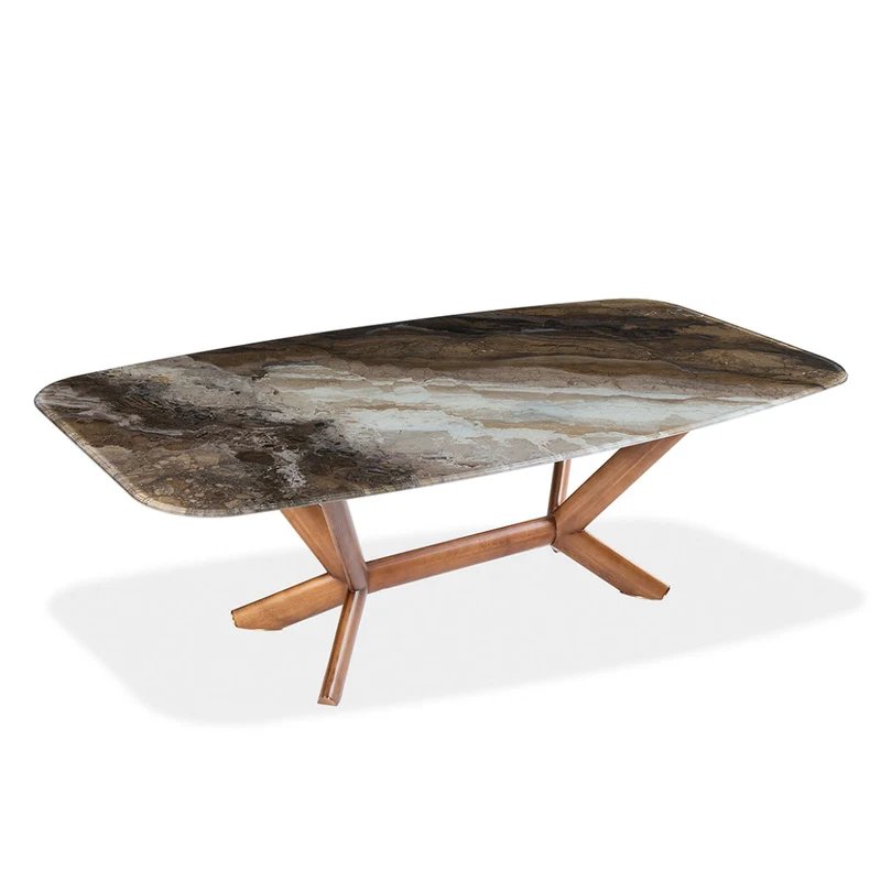 Table de salle à manger rectangulaire avec contour arrondi en verre et bois noyer - Samuel