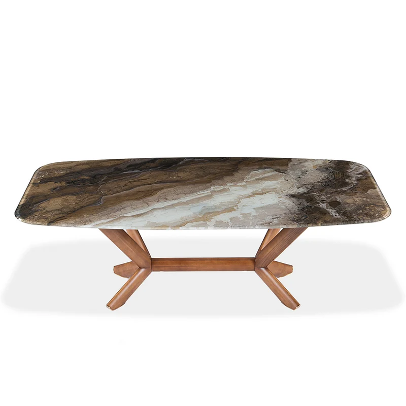 Table de salle à manger rectangulaire avec contour arrondi en verre et bois noyer - Samuel