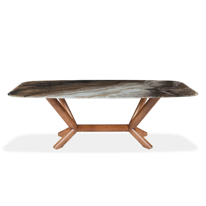 Table de salle à manger rectangulaire avec contour arrondi en verre et bois noyer - Samuel