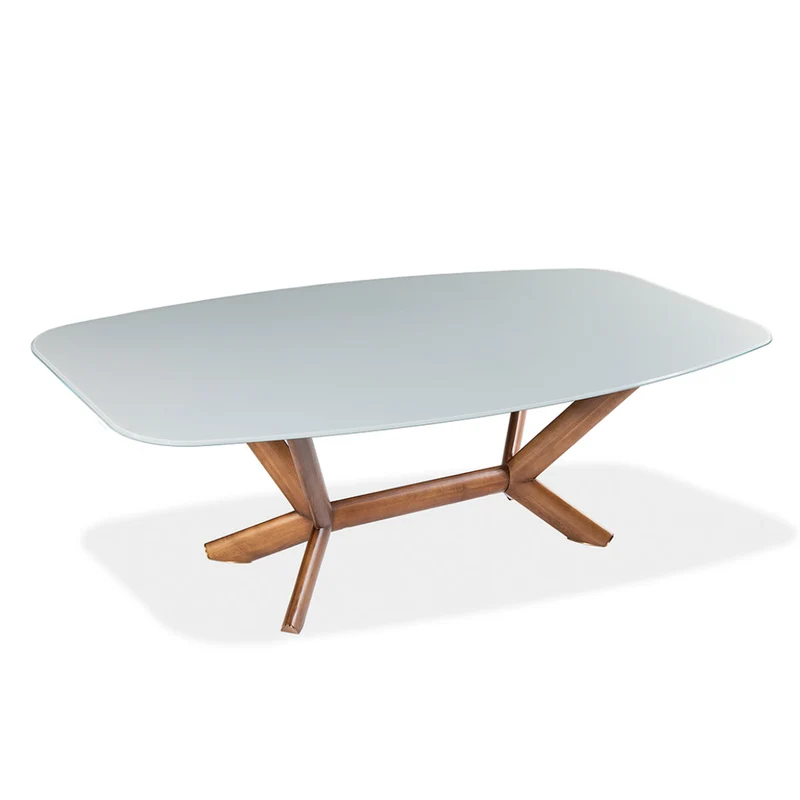 Table de salle à manger rectangulaire avec contour arrondi en verre et bois noyer - Samuel