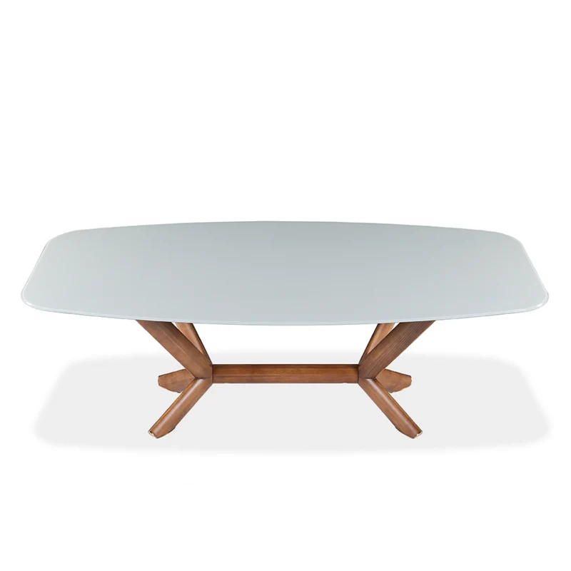 Table de salle à manger rectangulaire avec contour arrondi en verre et bois noyer - Samuel