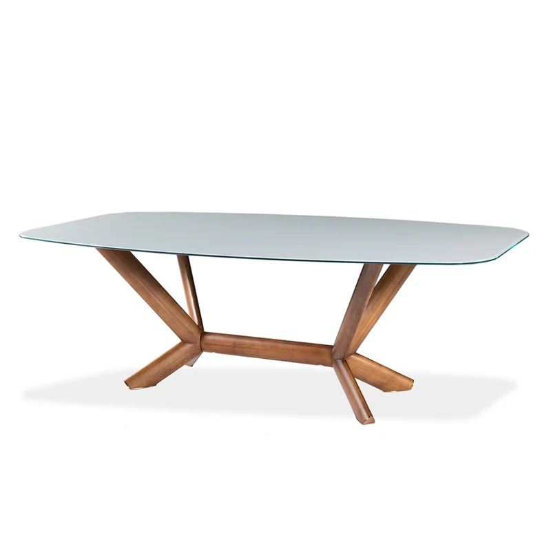 Table de salle à manger rectangulaire avec contour arrondi en verre et bois noyer - Samuel