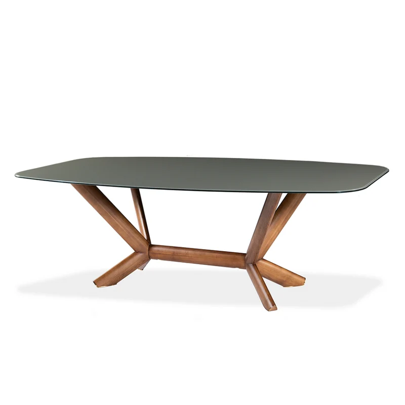 Table de salle à manger rectangulaire avec contour arrondi en verre et bois noyer - Samuel