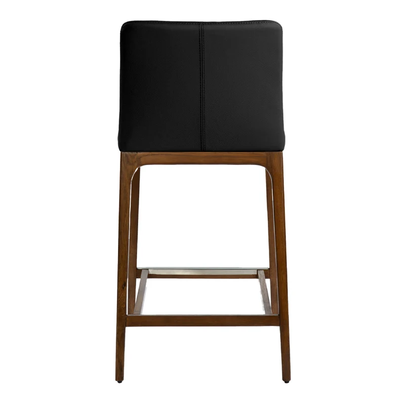 Tabouret de comptoir rembourré en cuir et bois de chêne teinte noyer - Lucia