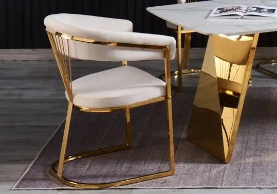 Ensemble table chaise doré céramique marbre blanc - Lala