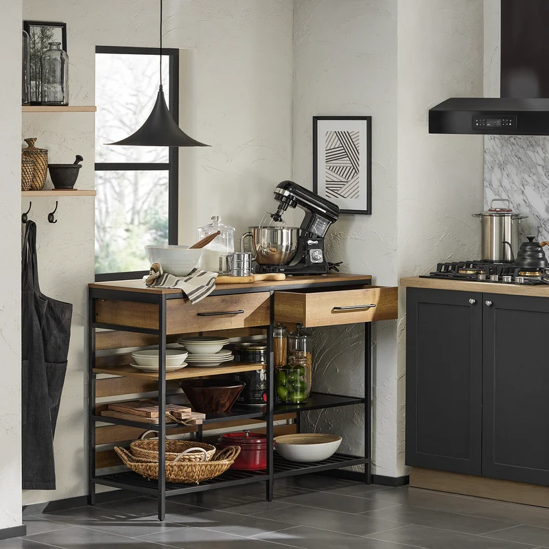SoBuy FSB85-PF Buffet de Cuisine Style Industriel – 120 cm, 2 Tiroirs et Range-Bouteilles, Marron