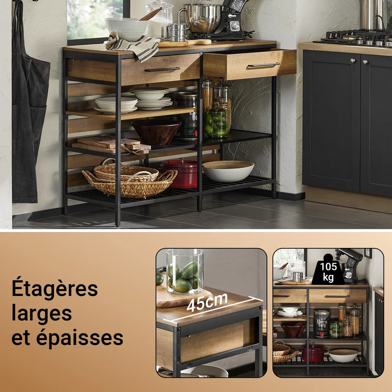 SoBuy FSB85-PF Buffet de Cuisine Style Industriel – 120 cm, 2 Tiroirs et Range-Bouteilles, Marron