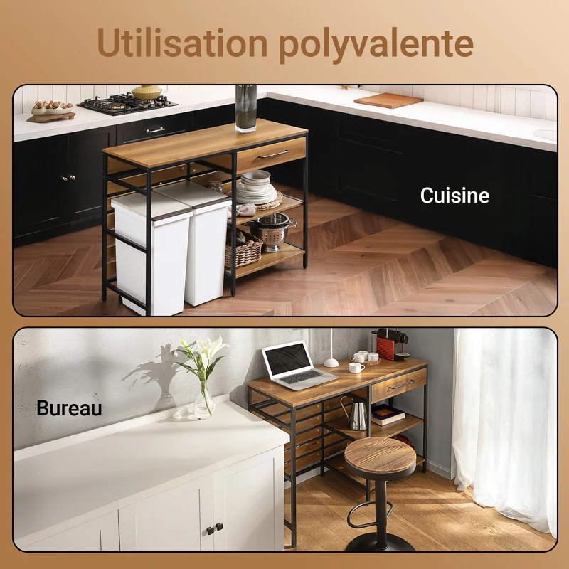 SoBuy FSB71-PF Îlot Central Cuisine Comptoir de Cuisine avec Tiroir et 2 Étagères