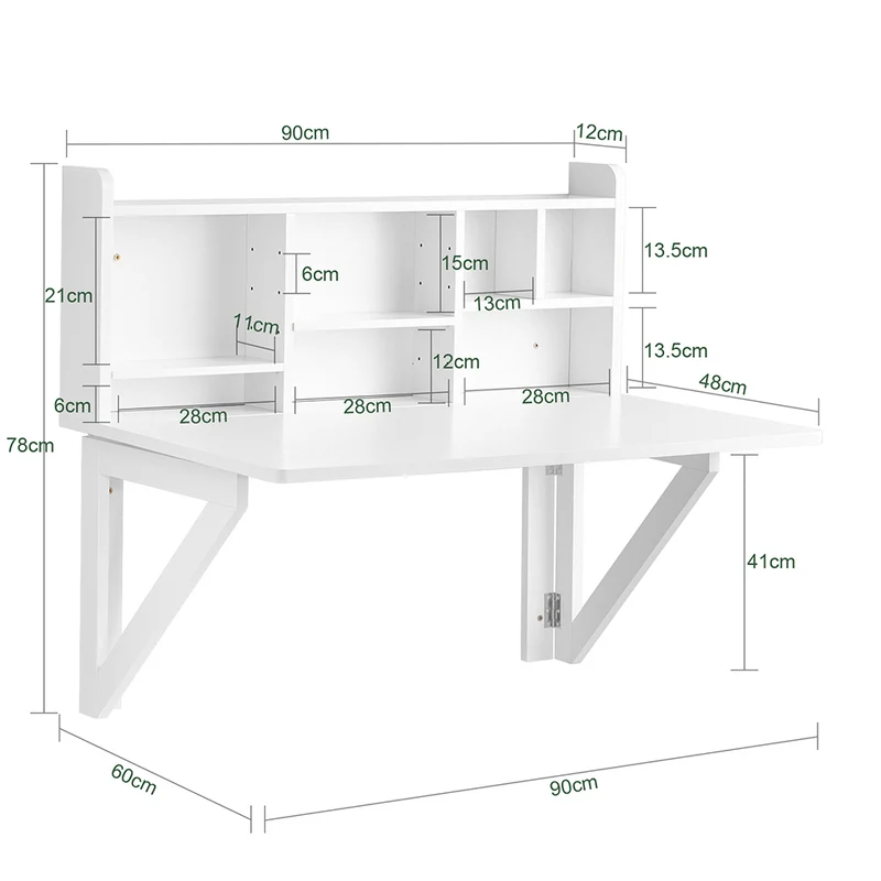 SoBuy FWT07-II-W Table murale rabattable 90 x 60 cm avec étagère intégrée – Bureau mural gain de place blanc