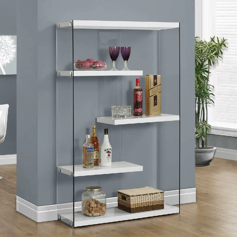 Bibliothèque en verre trempé avec 4 tablettes en MDF/stratifié blanc lustré - I 3290