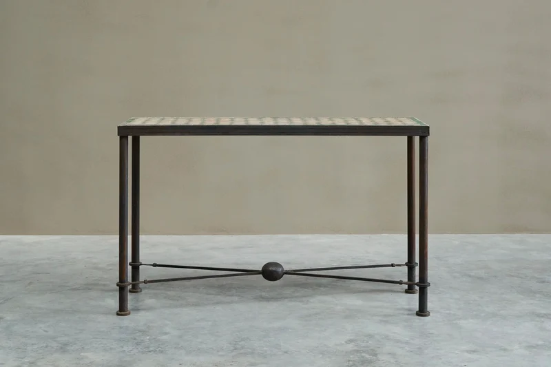 Art Deco Console Table in Patinated Iron and Tiles, 1940s