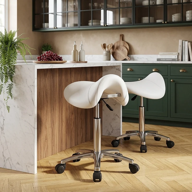 Tabouret Faux Cuir Chrome - Deluxe Saddle Blanc