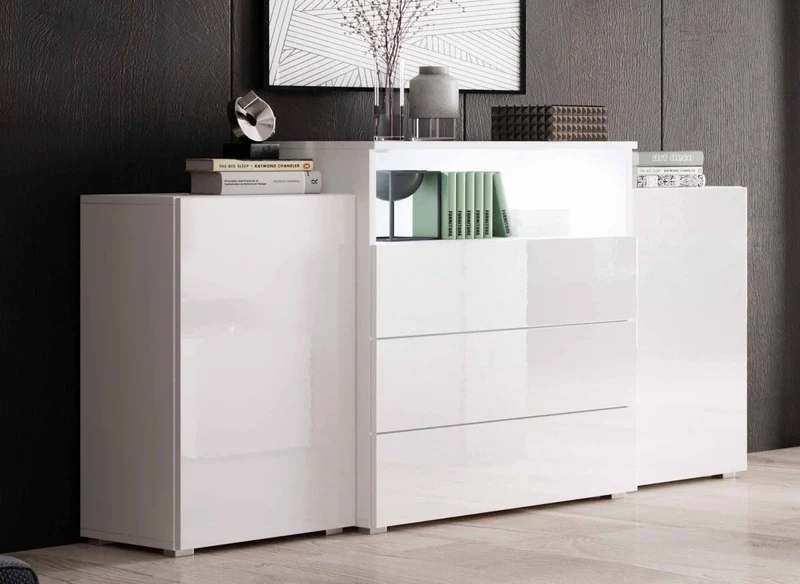 Buffet commodes 2 portes 3 tiroirs blanc laqué avec LED - MARCEL
