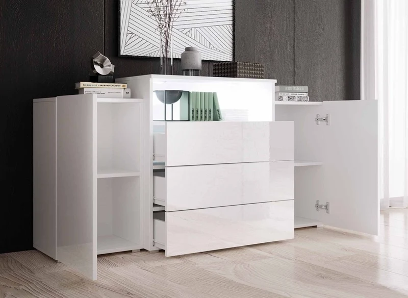 Buffet commodes 2 portes 3 tiroirs blanc laqué avec LED - MARCEL