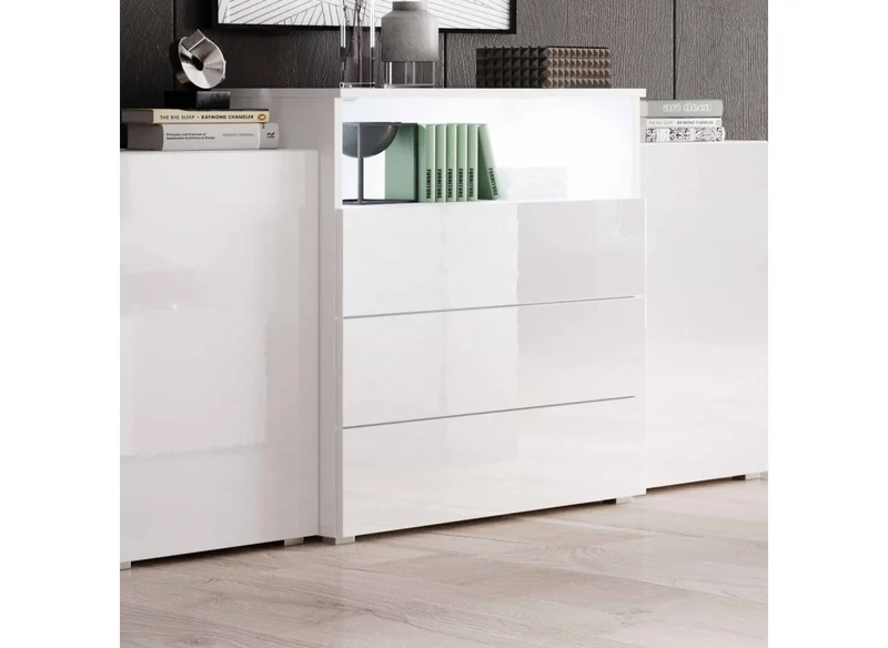 Buffet commodes 2 portes 3 tiroirs blanc laqué avec LED - MARCEL