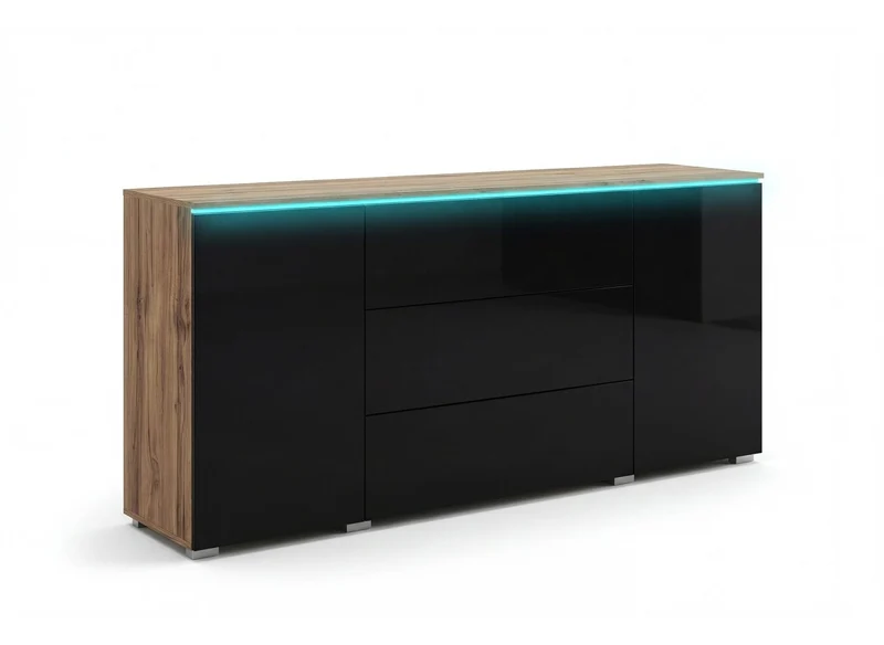 Buffet commode 2 portes 3 tiroirs chêne et noir avec LED - ALEXIA