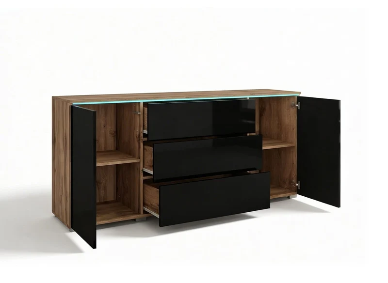 Buffet commode 2 portes 3 tiroirs chêne et noir avec LED - ALEXIA
