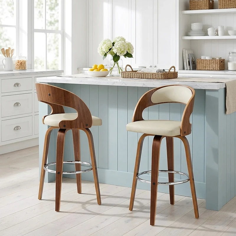 Tabouret Faux Cuir Bois - Alicia Crème