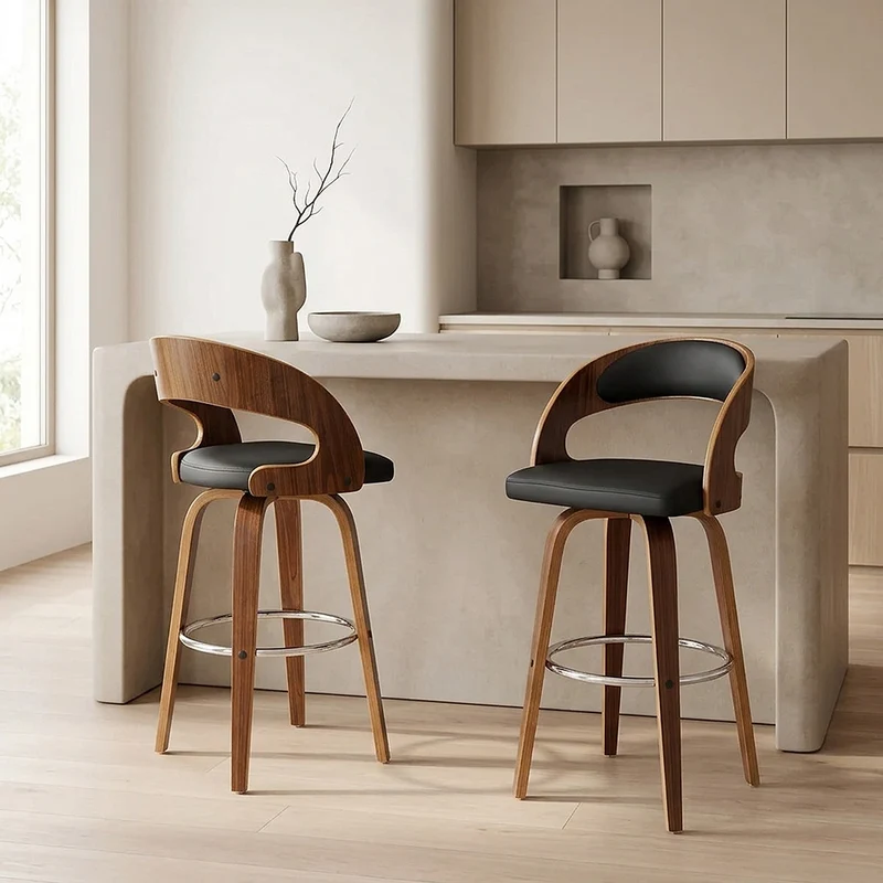 Tabouret Faux Cuir Bois - Alicia Noir