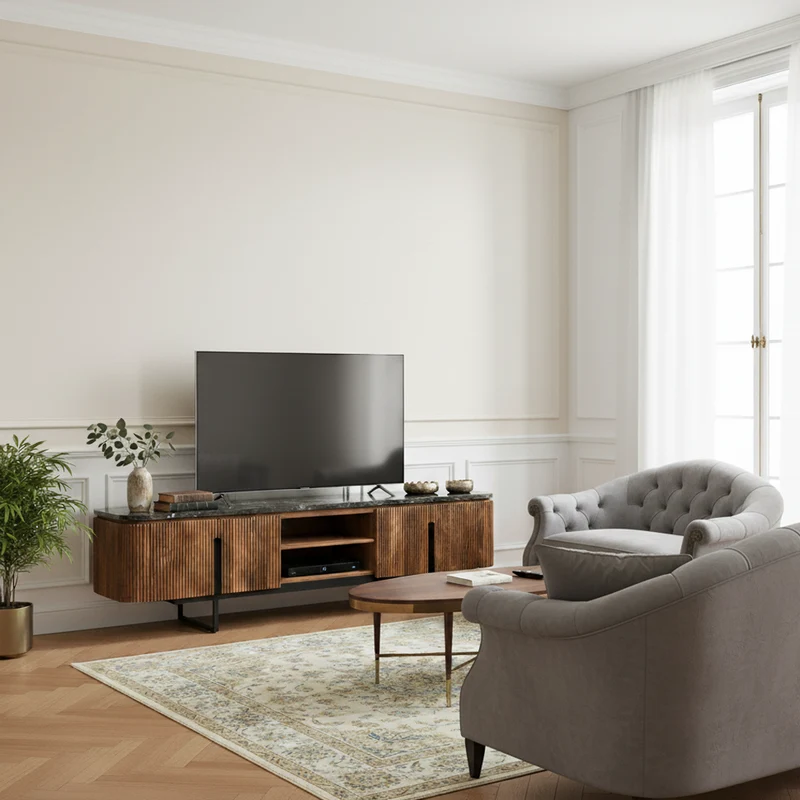 Grand meuble TV 4 portes, 2 niches plateau marbre noir | Manguier Kfir