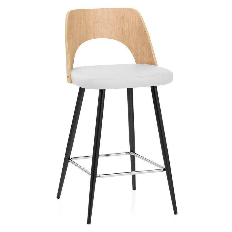 Tabouret Chêne et Faux Cuir - Leo Blanc