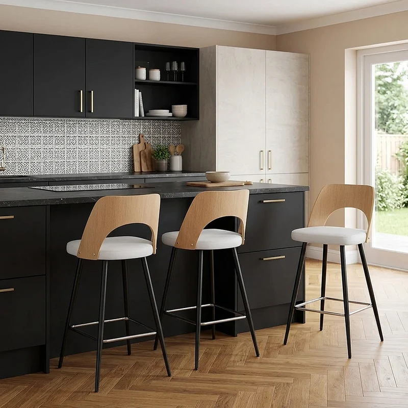 Tabouret Chêne et Faux Cuir - Leo Blanc