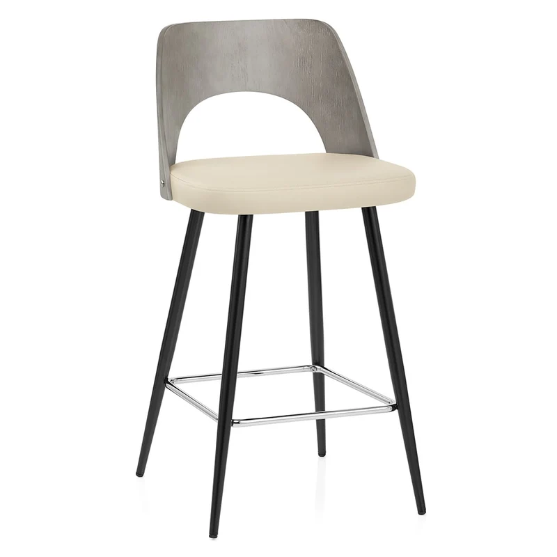 Tabouret Bois Gris et Faux Cuir - Leo Crème