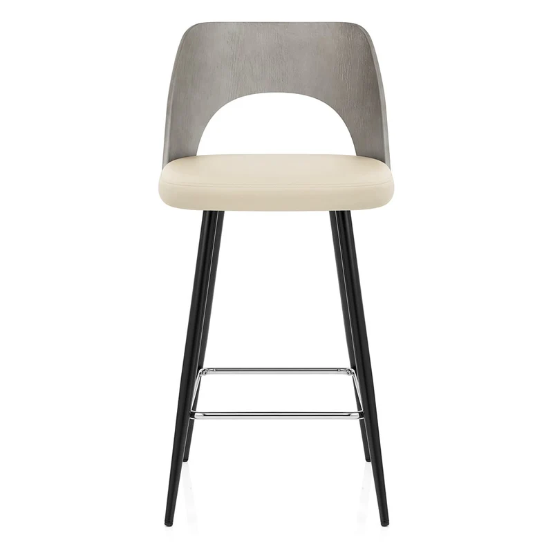 Tabouret Bois Gris et Faux Cuir - Leo Crème
