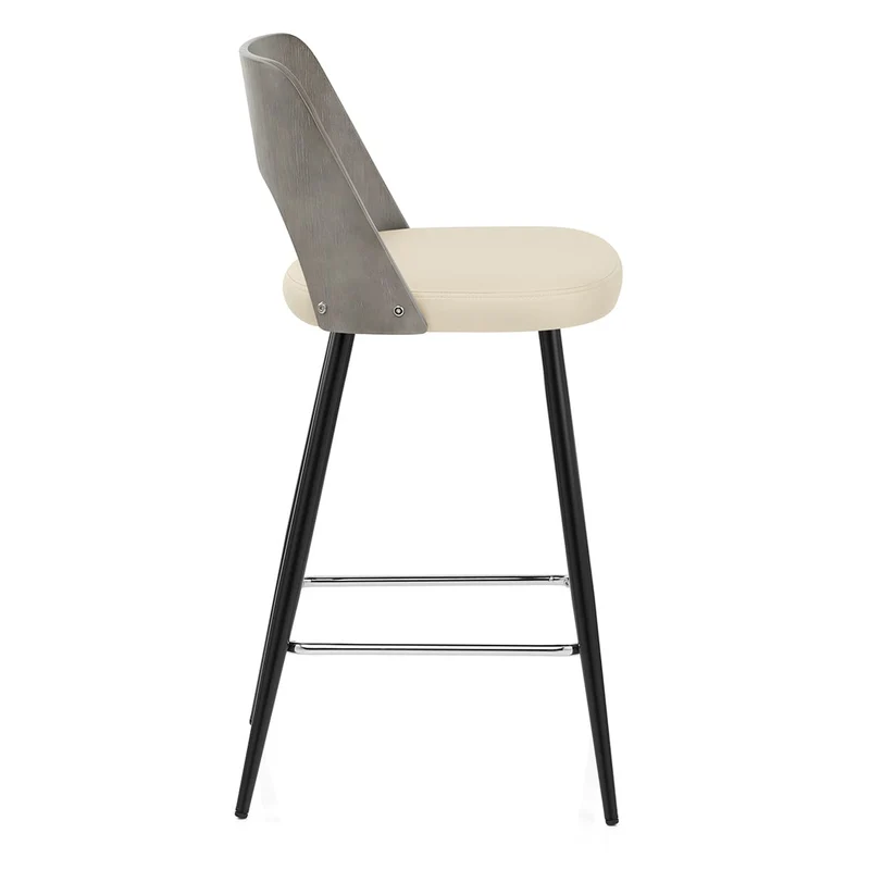 Tabouret Bois Gris et Faux Cuir - Leo Crème