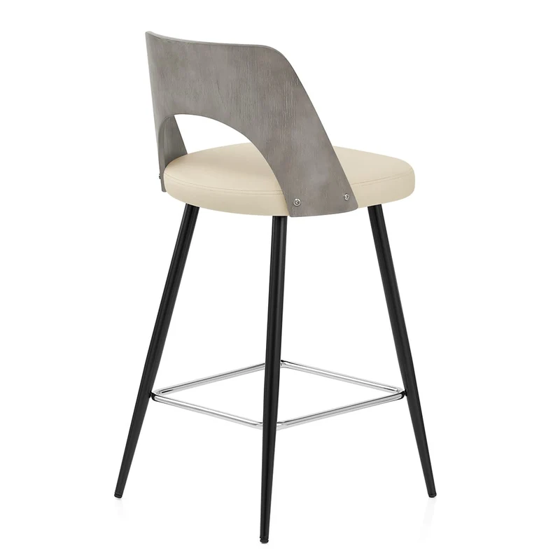Tabouret Bois Gris et Faux Cuir - Leo Crème