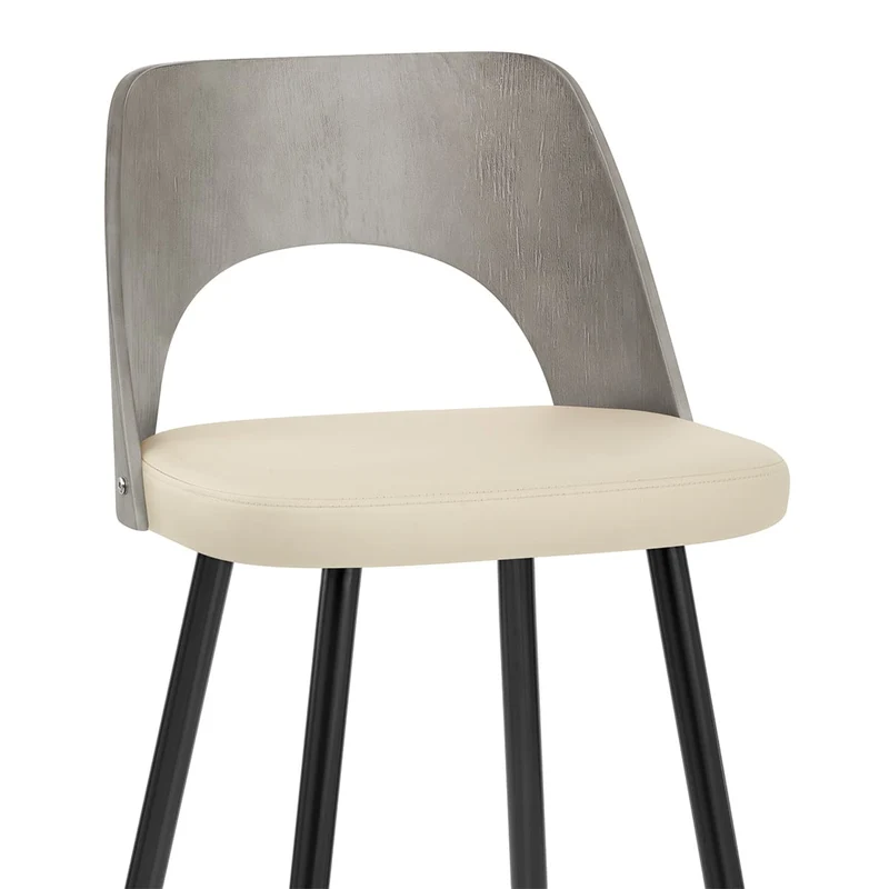 Tabouret Bois Gris et Faux Cuir - Leo Crème