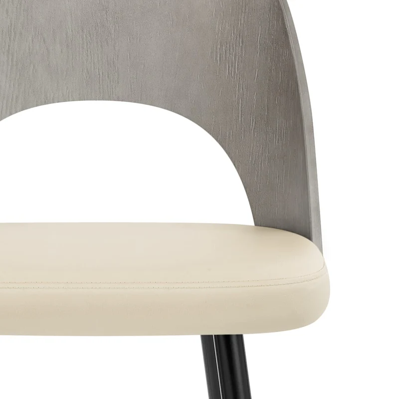 Tabouret Bois Gris et Faux Cuir - Leo Crème