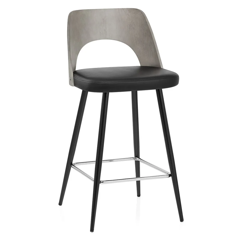 Tabouret Bois Gris et Faux Cuir - Leo Noir