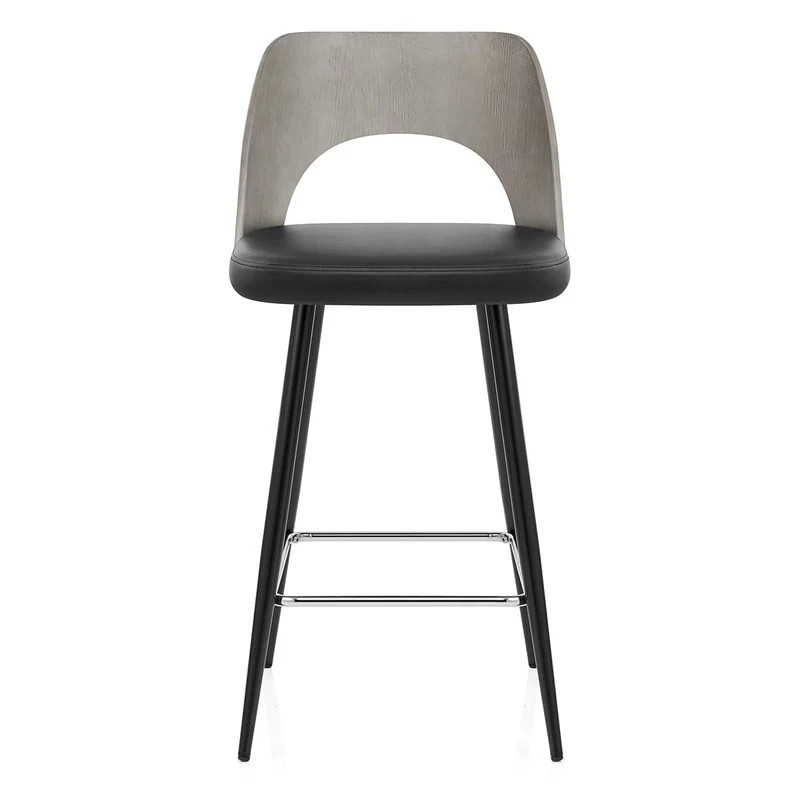 Tabouret Bois Gris et Faux Cuir - Leo Noir