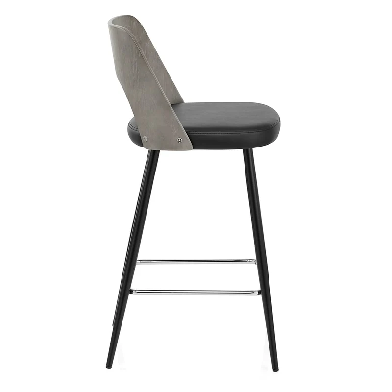 Tabouret Bois Gris et Faux Cuir - Leo Noir