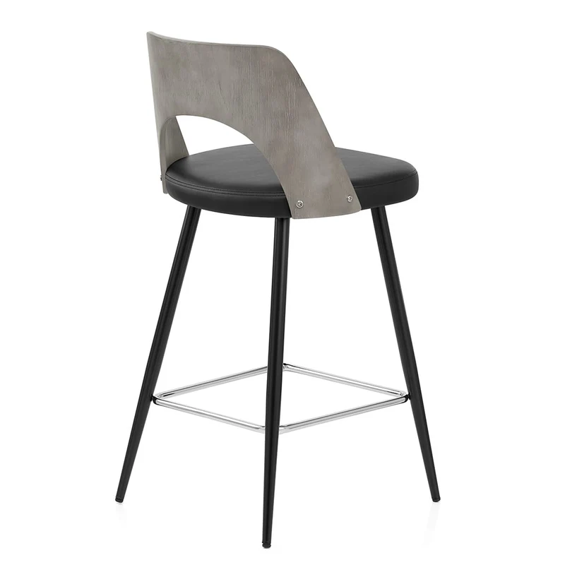 Tabouret Bois Gris et Faux Cuir - Leo Noir
