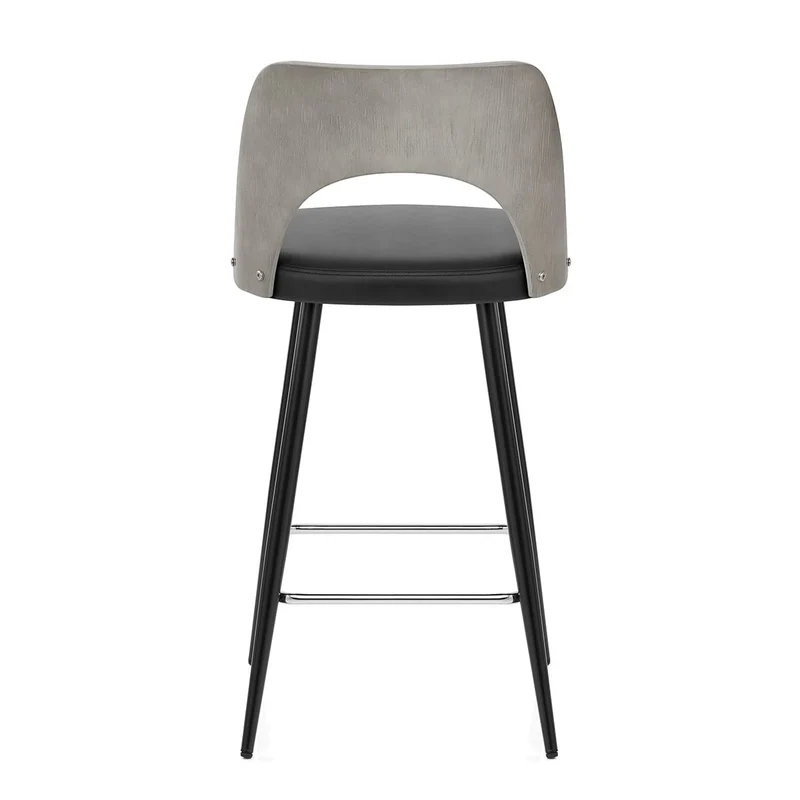 Tabouret Bois Gris et Faux Cuir - Leo Noir