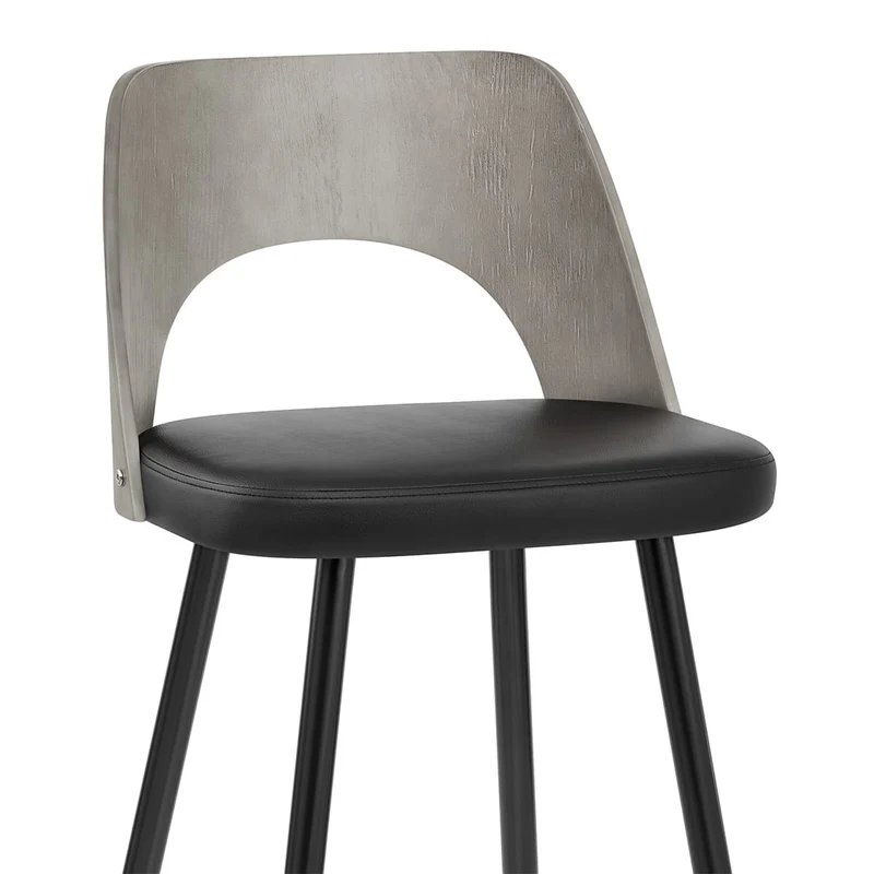Tabouret Bois Gris et Faux Cuir - Leo Noir