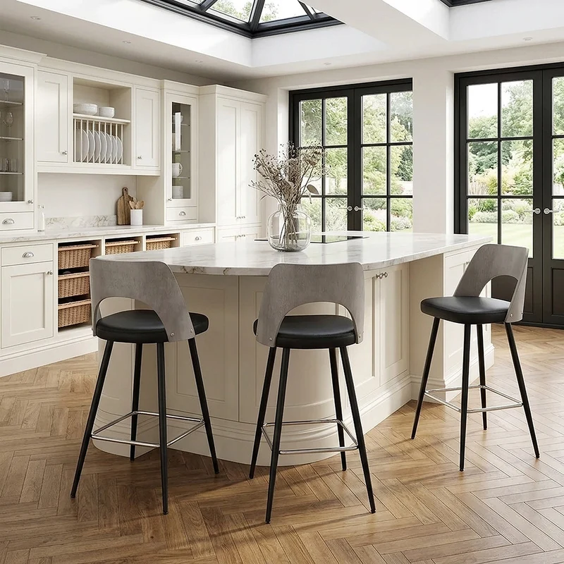 Tabouret Bois Gris et Faux Cuir - Leo Noir