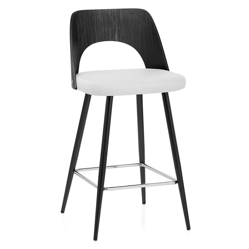 Tabouret Bois Noir et Faux Cuir - Leo Blanc
