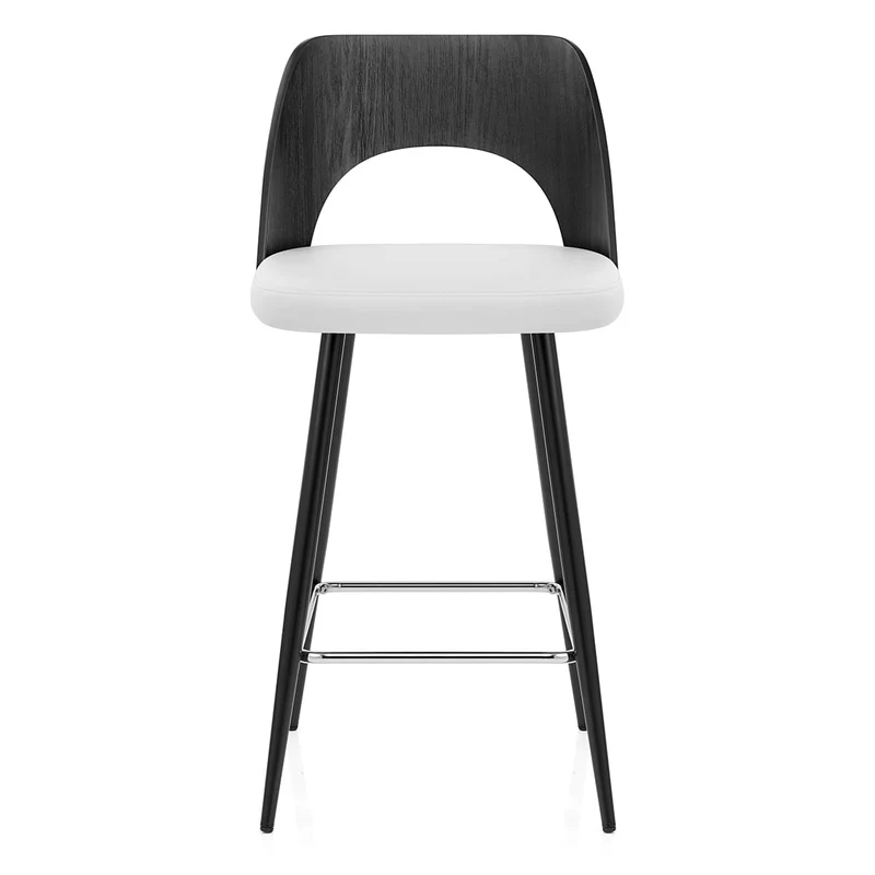 Tabouret Bois Noir et Faux Cuir - Leo Blanc
