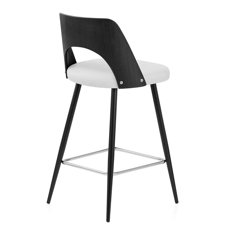 Tabouret Bois Noir et Faux Cuir - Leo Blanc