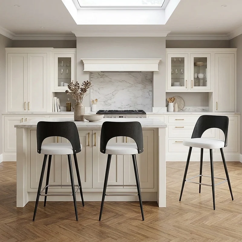Tabouret Bois Noir et Faux Cuir - Leo Blanc