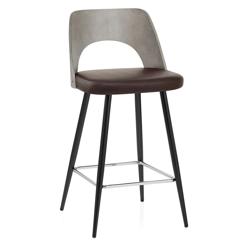Tabouret Bois Gris et Faux Cuir - Leo Marron