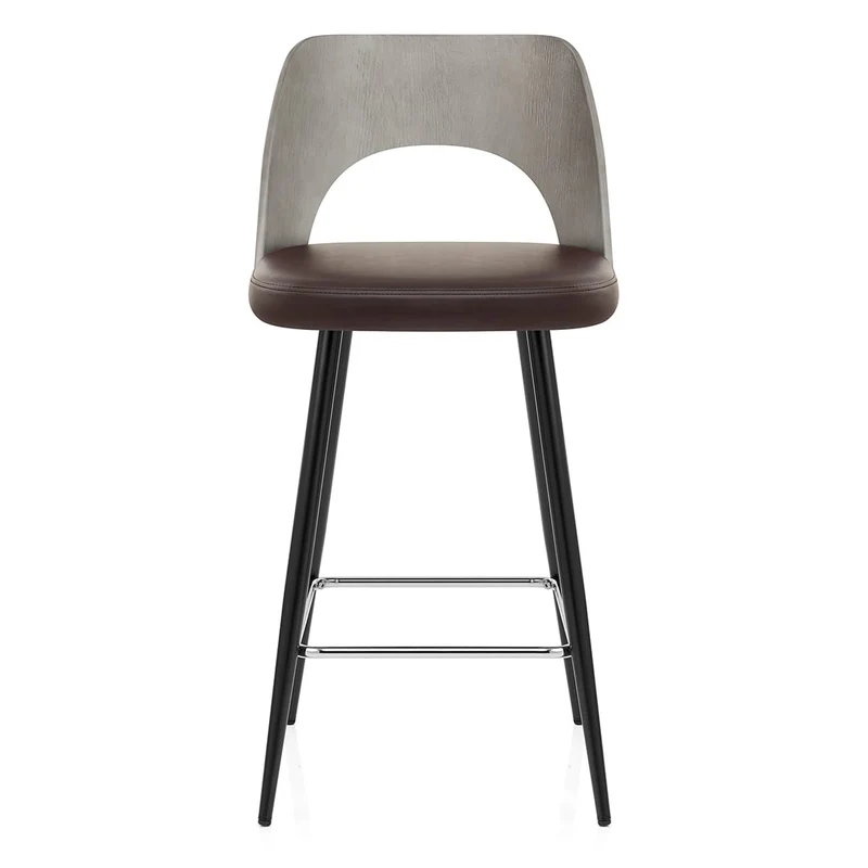 Tabouret Bois Gris et Faux Cuir - Leo Marron