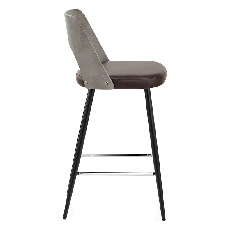 Tabouret Bois Gris et Faux Cuir - Leo Marron