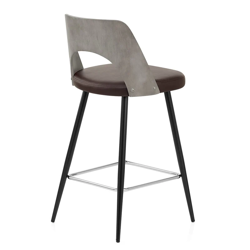 Tabouret Bois Gris et Faux Cuir - Leo Marron