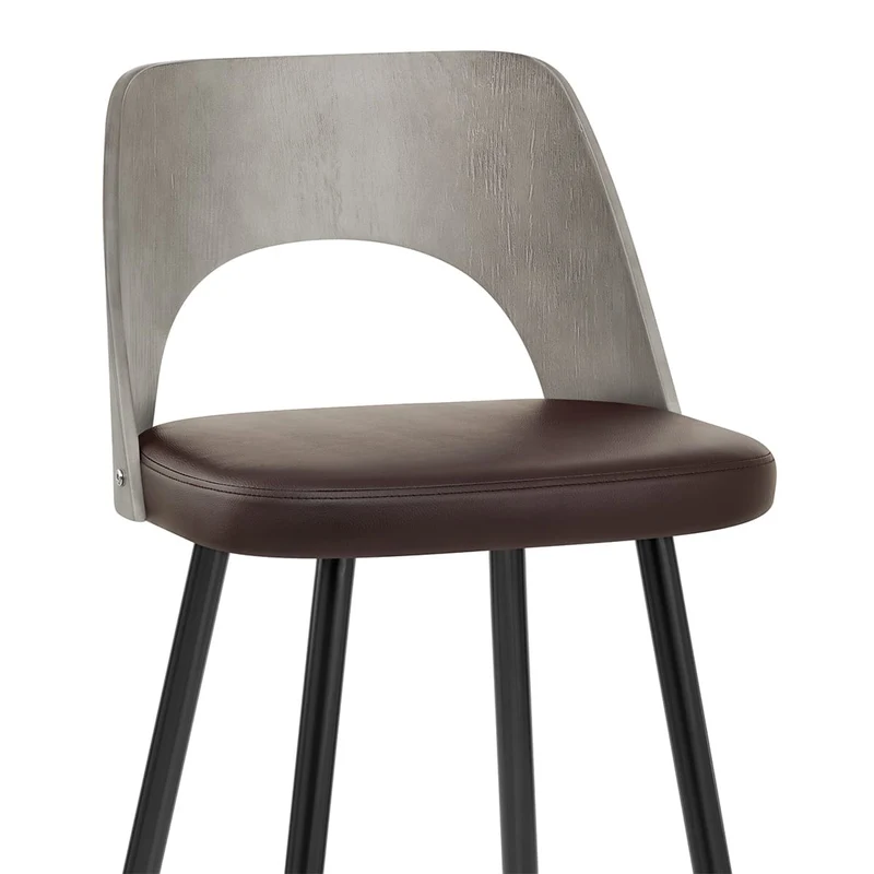 Tabouret Bois Gris et Faux Cuir - Leo Marron