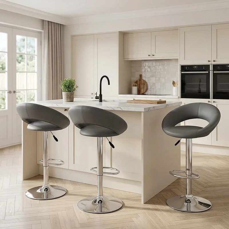 Chaise de Bar Faux Cuir Chrome - Crescent Matelassé Gris