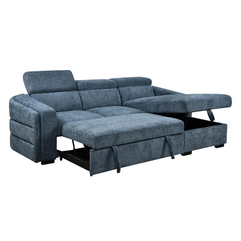 Sectionnel-lit en tissu bleu avec rangement - Baker